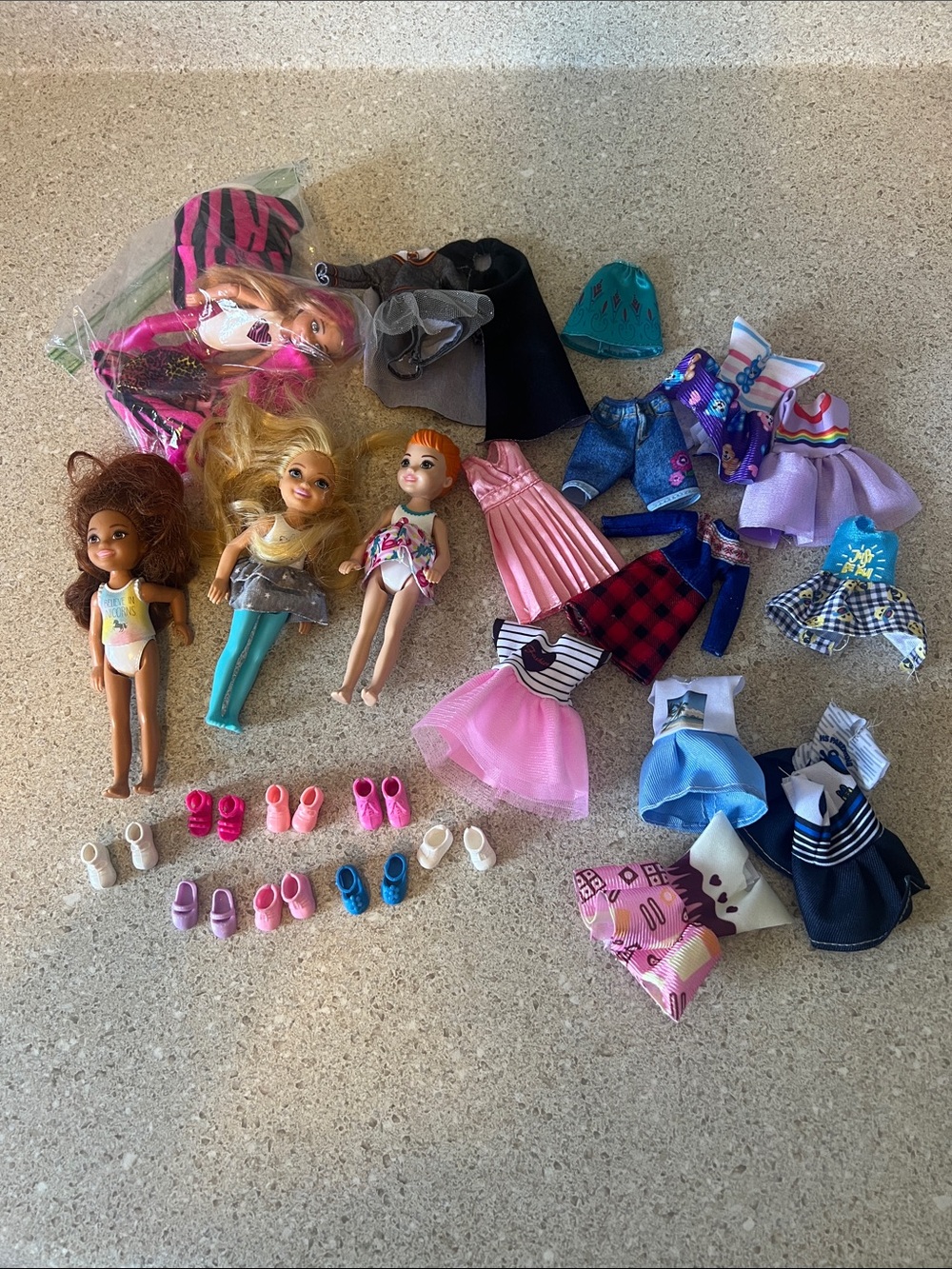 Assorted Kids Barbie Doll Outfit and Shoe Lot - Pink, Blue, Purple